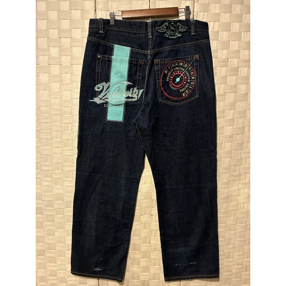 Eight 732 Velocity Motor Club Embroidered Baggy Jeans Mens 40x34 Y2K Blue
